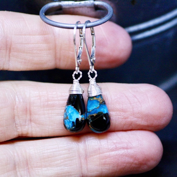 Handcrafted Natural Obsidian Turquoise Earrings Sterling Silver - Picture 7 of 7